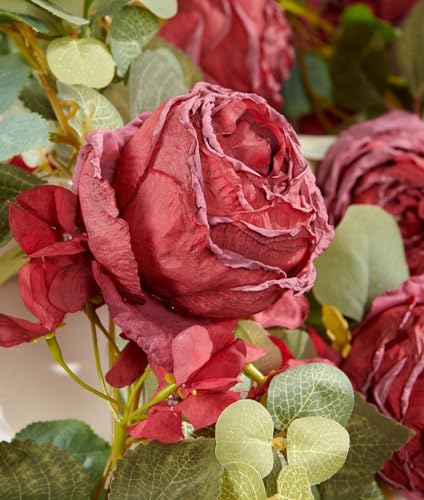 PONKING Flower Garland Artificial Rose & Hydrangea Vine Hanging Fake Flowers Vines for Wedding Birthday Party Valentines Christmas Room Wall Arch Decor, 1 Rose & 1 Hydrangea Red Floral Garland - color: Large Rose & Hydrangea Red Vines 5.4ft