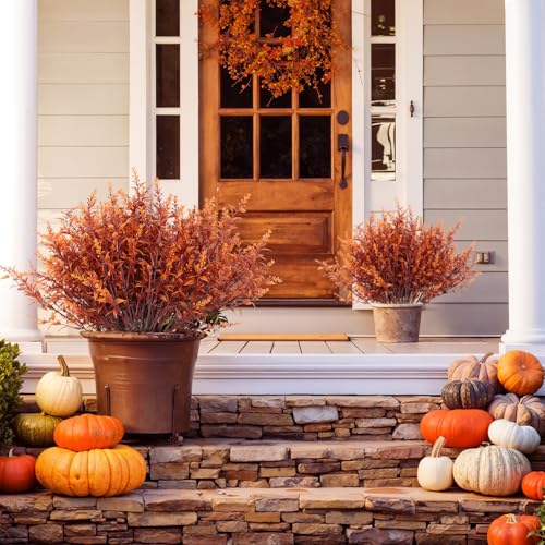 RECUTMS Outdoor Faux Plants Fall Fake Lavender Plants UV Resistant Artificial Greenery Artificial Flowers Indoor 8Pcs Fake Outside Flowers for Balcony Window Garden Thanksgiving Decorations (Brown) - color: Brown, size: 8 Bundles