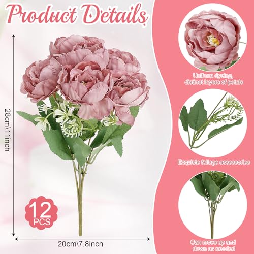 12 Bundles Peonies Artificial Flowers Artificial Peonies Silk Flowers Fake Peonies Artificial Flowers Wedding Home Table Decoration Realistic Peonies Bouquet for Centerpiece Table (Dusty Rose) - color: Dusty Rose