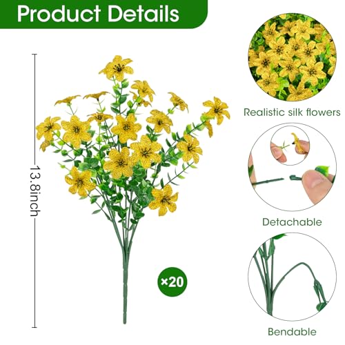 20 Bundles Artificial Flowers for Outdoors, Fake Silk Flowers UV Resistant Faux Realistic Plastic Plants for Spring Summer Porch Patio Garden Planter Window Box Home Decor, Yellow - color: Yellow