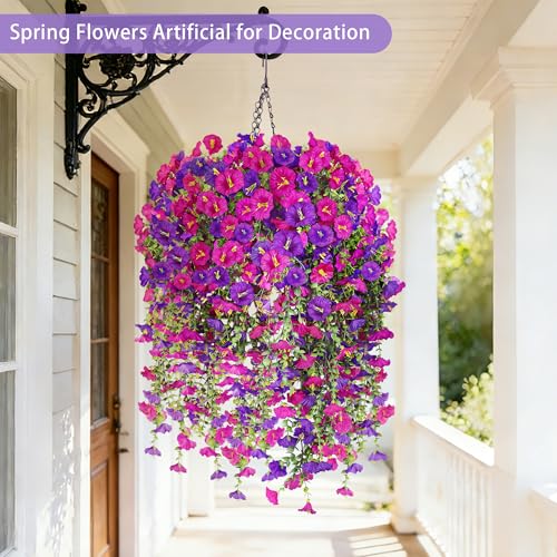 Artificial Hanging Flowers with Basket, 480 Blooms UV Resistant Faux Morning Glory Silk Plants, Fast & Easy Assembly Fake Hanging Baskets for Outdoor Porch Patio Garden Decor, Fuchsia - color: Fuchsia