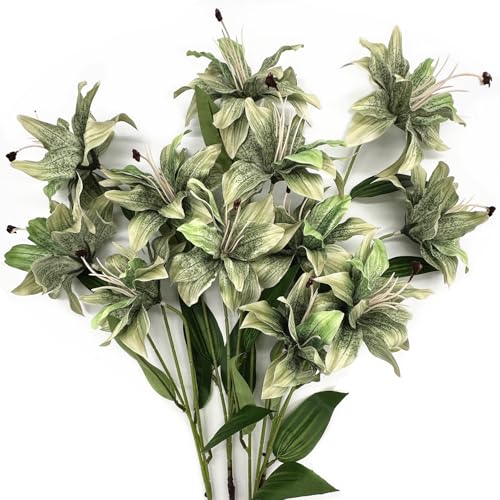 Artificial Lily Flowers, Vintage Fake Silk Flower Long Stems Stargazer Lilies Real Touch Faux Plants Tiger Bouquets for Home Decor Indoor Wedding Party Floral Arrangement DIY Decoration - Green 4 Pack - color: Lily Flowers - Green 4 Pcs