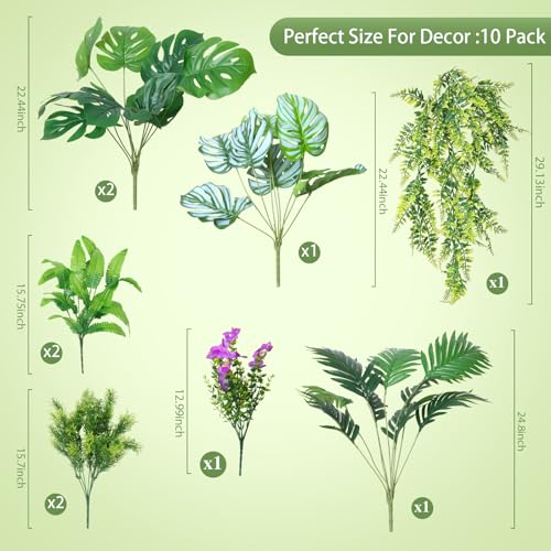 Tall Artificial Greenery Outdoor Faux Plants Hanging Ferns,10Bundles Faux Shrubs Fake Monstera Palm Boston Fern Plants for Outdoor Planters, Realistic UV Resistant Tropical Leaves for Window Box - color: Purple Green01