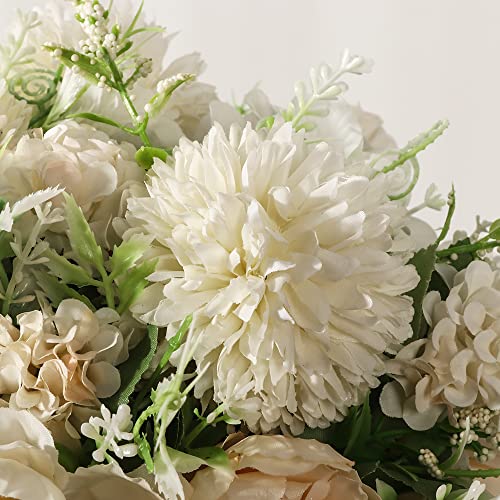 Peonies Artificial Flowers in Vase, Fake Hydrangea Silk Peony Flower Bouquet with Vase Faux Flowers Arrangement Decor Home Table Dining Room (White) - color: White