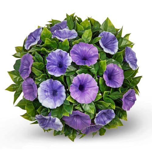 Artificial Petunia Plant Topiary Ball - 9 Inch UV Resistant Faux Purple & White Flower Ball Fake Plant Decorative Balls Faux Greenery for Porch Patio Balcony Yard Indoor Outdoor Home Decor, 1 Pack - color: Purple, size: 9"