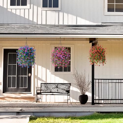 INQCMY Artificial Faux Hanging Flowers Plants Basket for Outdoor Outside Spring Summer Decoration,UV Resistant Fake Silk Daisy in Planter Resistant Look Real for Home Porch Balcony Patio Yard Decor - color: Purple Red Light Purple