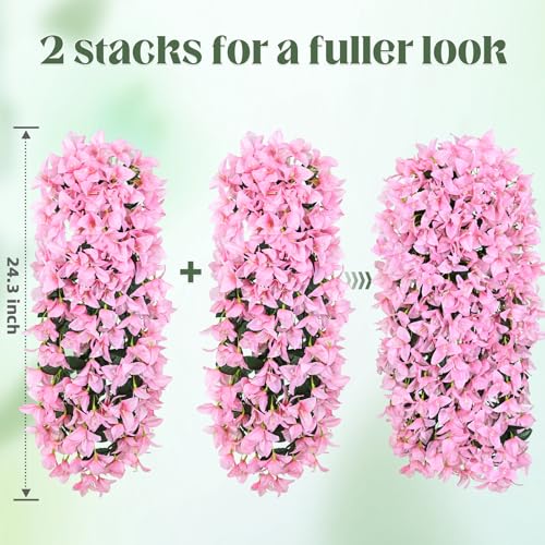 4 Pcs UV Resistant Artificial Flowers for Outdoors, Realistic Faux Silk Bougainvillea Flowers, Fake Hanging Plants for Porch Patio Balcony Decoration (Pink) - color: Pink, size: 4 Pcs