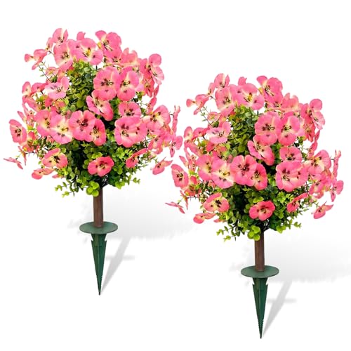Outdoor Artificial Simulated Trees 2-Piece Set, UV-Resistant Simulated Boxwood Fake Shrubs with Ground Stakes for Outdoor Porch & Garden Decoration (Pink) - color: Pink