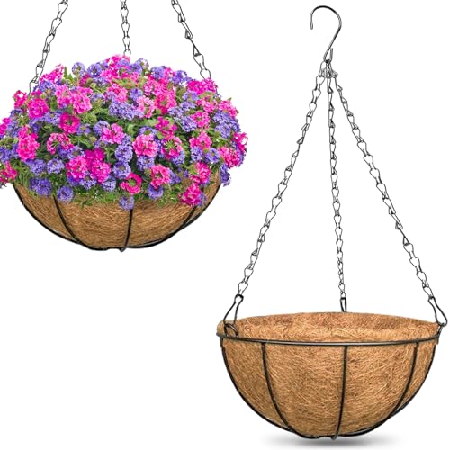 ZeeDix 2 Pack 14 Inch Hanging Baskets for Plants Outdoor, Metal Wire Round Planters with Coco Liner, Hanging Flower Baskets for Home Garden Porch Balcony Railings Decor - color: 2 Pack, size: 14 Inch