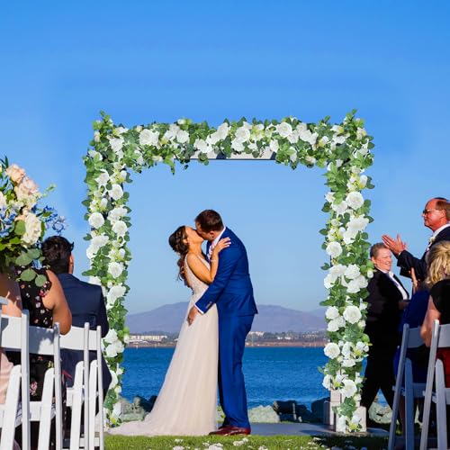 Sggvecsy 2Pcs 15.5Ft Artificial Rose Vine Fake Flower Garland Floral Garland Faux Silk Hanging Vine Rose Ivy Vines for Wedding Arch Party Wall Garden Ceremony Background Outdoor Decor (White) - color: White, size: 2Pcs