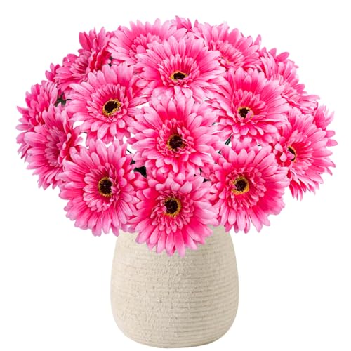 20 Pcs Fake Silk Gerbera Daisy Artificial Flowers with Stems Faux Daisies Flower Bulk for DIY Art Crafts Home Wedding Party Vase Centerpieces Tables Garland Wreath Decoration (Pink) - color: Pink