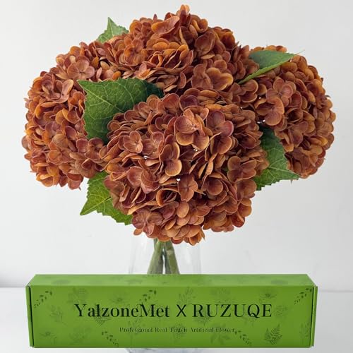 YalzoneMet 4 Pcs Orange Brown Hydrangea Artificial Flowers 21‘’ Real Touch Latex Hydrangea Fake Flowers for Fall Home Decor Party Kitchen Bedroom Bronze Vintage Flower Table Centerpieces - color: Orange Brown