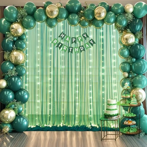 Hunter Green Tulle Backdrop Curtains with Lights String for Parites 10x10ft Sheer Backdrop Curtains Drapes for Birthday Party Bridal Shower Baby Shower Photo Booth Background Decorations - color: Hunter Green, size: 10 ft X 10 ft(2 Panels 5ft X 10ft)