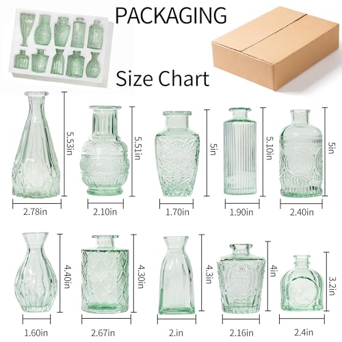 Vintage Small Glass Vases Set of 10,Mini Bud Vases for Flowers,Amber Glass Vases for Centerpieces,Wedding Decorations,Home Table Flower Decor(Sage Green) - color: Sage Green