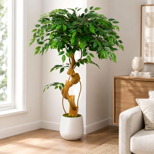4FT Artificial Ficus Tree, 48in Fake Silk Tree with Curved Trunk & 930 Lush Leaves, Faux Floor Plant with White Pot, Low-Maintenance Decor for Home, Office, Patio - color: Ficus Tree 4ft