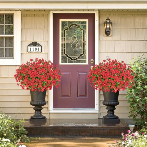 20 Bundles Artificial Flowers for Outdoors Decoration Fake Silk Flowers UV Resistant Faux Plants Artificial Daisy Eucalyptus for Spring Summer Garden Yard Porch Window Home Decor, Red - color: Red