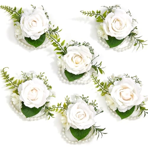 Serwalin 6 PCS White Wrist Corsage for Wedding, Corsages Wristlet for Bride Bridesmaid Mother Grandmother Girl, Artificial Flowers for Prom Ceremony Homecoming Anniversary - color: Ivory White, size: Corsage 6pcs