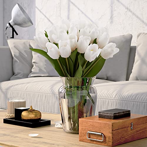 20PCS Artificial Tulips Real Touch Faux Flower Moisturizing Tulips for Photography Ornaments Home Garden Wedding Party Decor Fake Flowers (White) - color: White