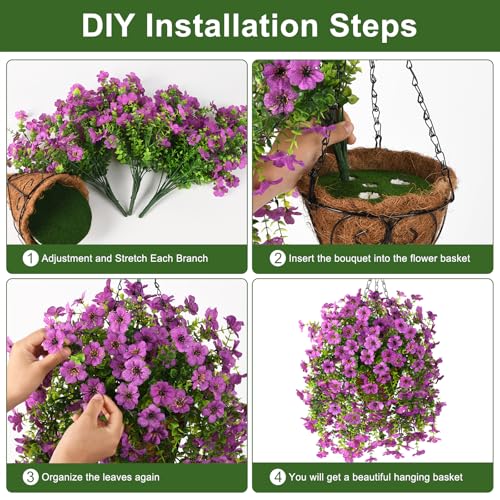 INQCMY Artificial Hanging Flowers with Basket for Spring Outdoor Decoration 3 Bunches of Silk Daisy Flower Uv Resistant for Garden Porch Patio Balcony Yard Decor (Purple2) - color: Purple2