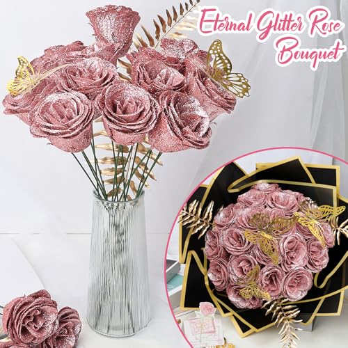 Glitter Roses - Fake Glitter Flowers Bouquet DIY Crafts Eternal Floral with Stems Butterfly Cards for Anniversary Birthday Valentines Engagement - 24 Pack, Dusty Pink - color: Dusty Pink