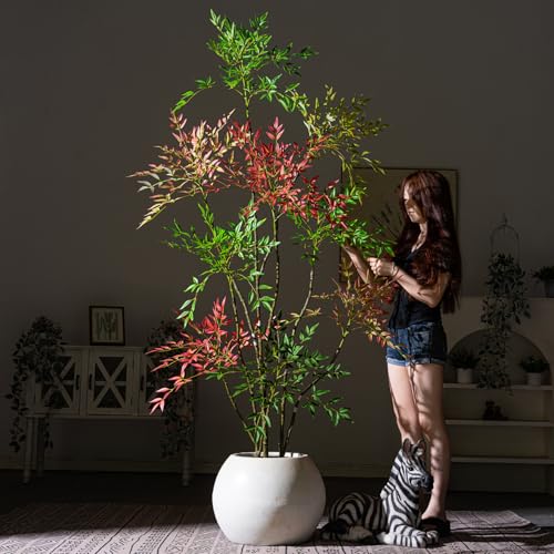 Large Artificial Nandina Trees Tall Fake Bamboo Tree Indoor Outdoor Realistic Floor Plant Faux Plastic Plants Flowers for House Home Living Room Bedroom Office Front Porch Modern Farmhouse Decor - color: Multicolor, size: 7ft 3in