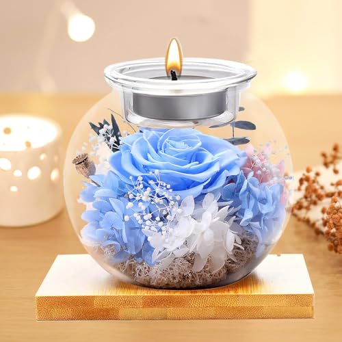 Flowers for Delivery, Preserved Flower in Glass Dome with Scented Candle, Long Lasting Rose Gifts for Women Wife Girlfriend on Christmas Mothers Day Valentines Day Birthday (Blue) - color: Blue