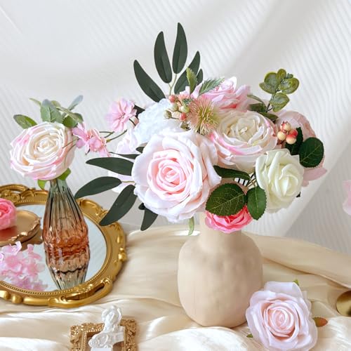 Blush Pink Artificial Flowers Combo Box Set Light Pastel Silk Roses with Stems DIY Bridal Wedding Bouquets Cake Fake Floral Arrangements Baby Shower Party Table Centerpieces Spring Home Decor Bulks - color: Blush, Pastel Pink