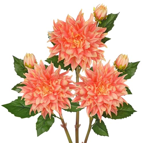 Artificial Dahlia Flowers – Set of 3 | 27.9" Tall Real-Touch Silk Dahlia Stems with Large 6.1" Blooms | Lifelike Peach Faux Flowers for Home Decor, Wedding, Centerpieces & Floral Arrangements - color: Peach
