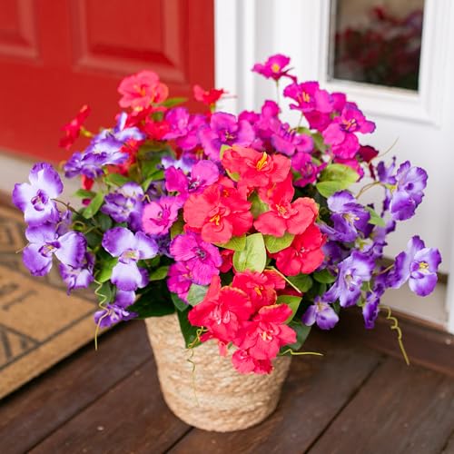 Hoppwodd Hibiscus Artificial Flowers for Outdoors Spring Decoration, 6 Bundles Faux Silk Flowers UV Resistant Look Real Artificial Tropical Flower Fake Plants for Outside Planter Porch Patio, Mix - color: Red+purple+light Purple
