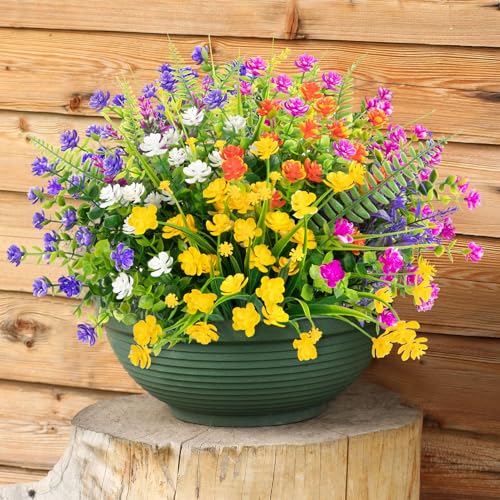 Bassion 20 Bundles Artificial Flowers for Outdoors, UV Resistant Faux Plants Outdoor Indoor Fake Flowers Plastic Greenery Shrubs Eucalyptus Stems for Garden Fence Patio Window Box Porch Pot Decor - color: Mix