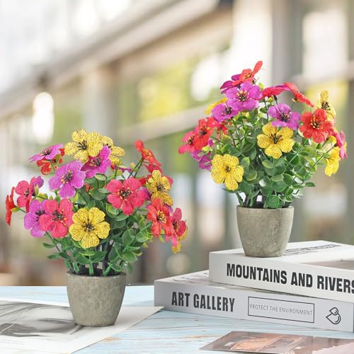 2 Pack Small Fake Plants Potted Artificial Plants Artificial Flowers Potted Faux Flower Daisy with Eucalyptus Leaves for Home Decor Office Room Farmhouse Indoor Table Bathroom Decor （colorful） - color: Small-colored