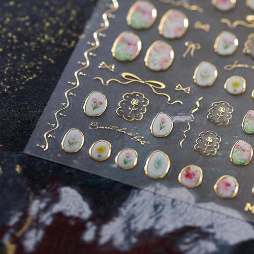 Flower Nail Art Stickers - 5D Bronzing Tulip Design Nail Decals 1PCS Embossed Jelly Floral Adhesive Nail Accessories Spring Sparkling Bow Supplies Stickers for Manicure Art - style: Style8-Bronzing Tulip