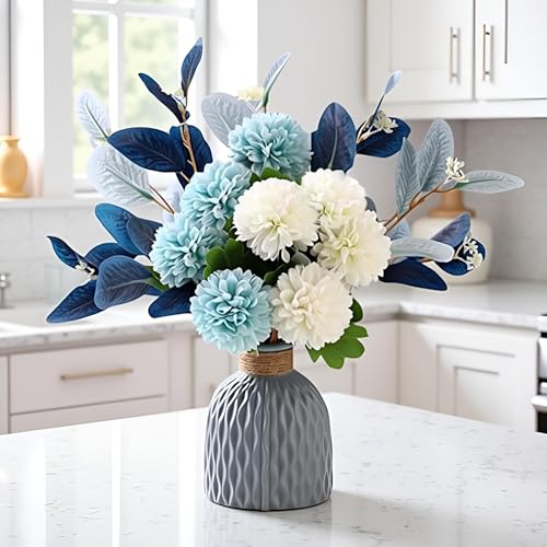 LADADA Blue Artificial Flower Bouquet in Ceramic Vase | Faux Blue White Bouquet,Faux Ball Mum Silk Flowers Arrangement for Home Table Centerpiece Farmhouse Living Room Wedding Decor - color: Blue