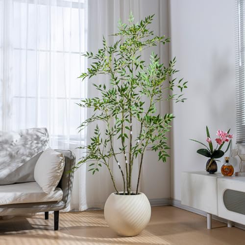 6ft Faux Bamboo Tree Artificial Nandina Tree Artificial Indoor Plants Realistic Fake Potted Tree with 800+ Leaves, Cement Planter - Home Office Decor Perfect for Housewarming Gift Non-Toxic - color: Green, size: 6ft