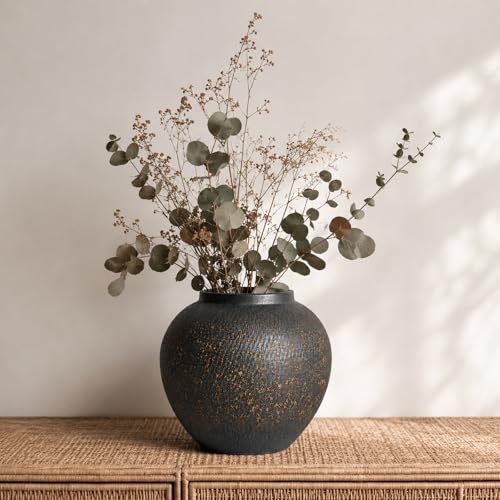 Black Ceramic Vase for Decor, 8.5 Inch Round Textured Flower Vase with Wide Mouth, Rustic Modern Home Decor Accent for Living Room, Shelf, Mantel, Entryway, Table Centerpiece - color: Black and Brown, size: 8.3in