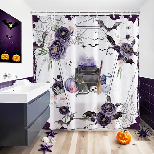 Mocsicka Halloween Shower Curtain Purple Flower Goth Shower Curtain Spooky Floral Halloween Bathroom Decor Retro Vintage Fabric Waterproof Bathroom Curtain Set with 12 Hooks (71x71 inch, Floral)