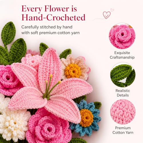Handmade Crochet Flowers Pink Lily Bouquet with Roses and Daisies - 11 Stems Artificial Plant for Wife, Mother, Lover - Anniversary Birthday Graduation Valentine's Day Gift Wedding Home Decor - color: Pink