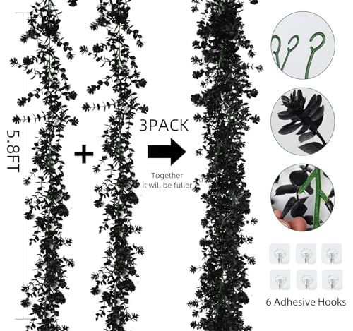 RECUTMS Black Artificial Flowers Black Eucalyptus Garlands Spring Garland Greenery Vines with Flowers Fake Floral Greenery for Halloween Home Backdrop Wall Fall Decor - color: Black