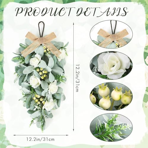2 Pcs 24" Artificial White Rose Teardrop Wreaths Swag Spring Summer Flower Berries Swags Wreath White Floral Hanging Wreaths for Kitchen Cabinet Doors Window Wall Wedding Party Home Decor - color: Lamb Leaf Swags