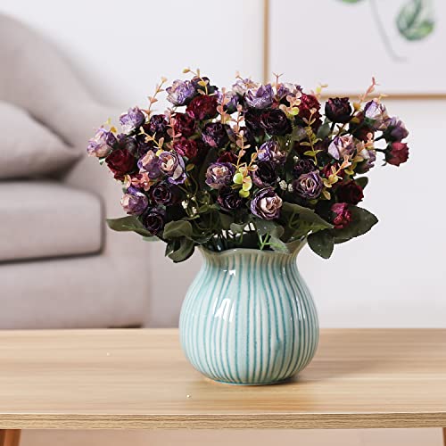 Duovlo 7 Branch 21 Mini Rose Heads Artificial Flowers Bouquet Wedding Home Office Decor,Pack of 2 (2 PCS Purple) - color: 2 Pcs Purple