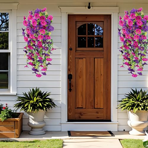 4PCs Hanging Morning Glory UV Resistant Artificial Outdoor Flowers,Faux Flowers for Planters,Hyeflora Cascading Plants Garden,Wedding,Patio,Home Decor,Porch,Yard(Purple Red,2 Bunches/4Pcs) - color: Purple Red, size: 2 Bunches/ 4Pcs