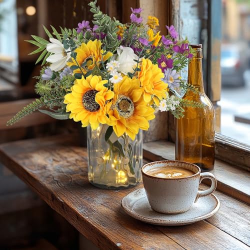 Sunflower Fake Flowers in Vase, Sunflowers Lavender Artificial Flowers with Vase for Table Centerpieces, Silk Flower Bouquet Faux Floral Arrangements Kitchen Farmhouse Cemetery Gravesites Decor - color: Yellow Purple