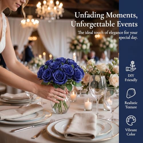 52pcs Navy Blue Roses Artificial Flowers Fake Flowers Silk Roses with Stems for DIY Wedding Bouquets Bridal Shower Centerpieces Arrangements Party Decorations - color: Navy Blue
