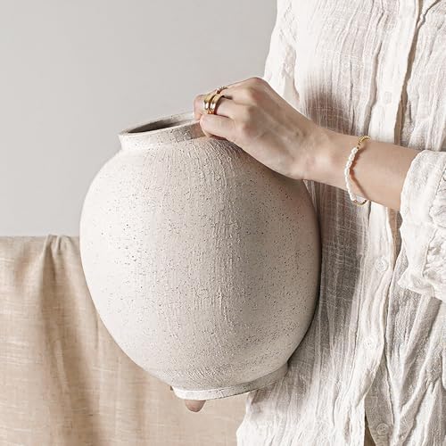 Large White Ceramic Vase - 9.8 Inch Rustic Farmhouse Flower Vase for Home Decor, Minimalist Tall Vases for Living Room, Table, Bathroom, Holiday & Weddings (Sandstone White) - color: Sandstone White, size: 9.8 Inch
