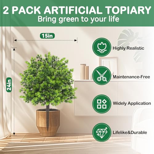 ENVEN Artificial Boxwood Topiary Ball Trees with Ground Spikes UV Resistant Faux Greenery Shrubs Fake Shrubs for Outdoors, Realistic Faux Plants Bushes for Garden Porch Yard Patio Decor (Green Pine) - color: Green Pine