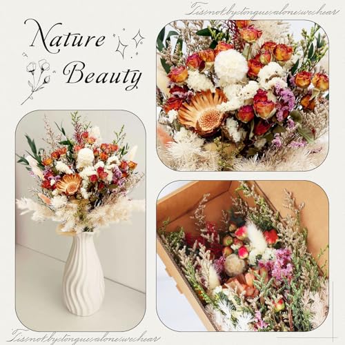 17" Dried Flower Bouquets, 100% Natural Dried Flowers with Dried Roses,Bunny Tails,Chrysanthemum Flowers Decor for Vase Rustic Boho Home Decor,Party Fall Decor for Wedding Gift - color: Red Rose
