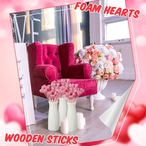 6 Pcs Glitter Foam Hearts Sticks Foam Heart Picks Sparkly Hearts Stems Puffy Heart Wooden Picks for Wedding Decorations Flower Arrangements Crafts (Pink) - color: Pink, size: 6 Pcs