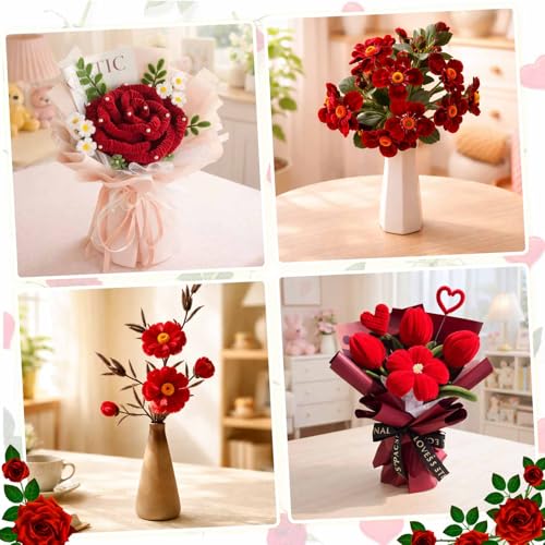 Peryiter 371 Pcs Pipe Cleaners Flowers Kit, Pipe Cleaners Chenille Stems Bulk with Floral Wire Gardening Tape Stamen, Fluffy Limpiapipas para Flores for DIY Mother's Day Decor(Rosy Red) - color: Rosy Red