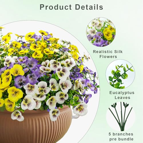 16 Bundles Artificial Fake Pansies Flowers for Outdoors Silk Colorful Pansy UV Resistant Faux Plastic Plants for Outside Planter Front Door Porch Yard Patio Garden Decor (Yellow Purple White) - color: Yellow Purple White