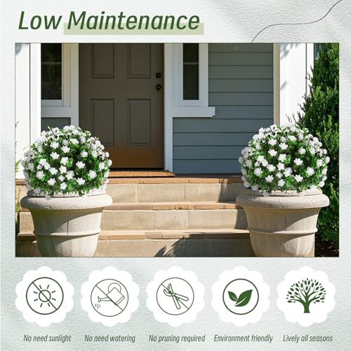 Yunlly Set of 6 Artificial Boxwood Topiary Ball Tree 16 Inch Outdoor Topiary Tree with Flower Fake Bushes, UV Resistance Faux Shrubs Evergreen Plant with Spike for Front Porch Indoor Decor (White) - color: White